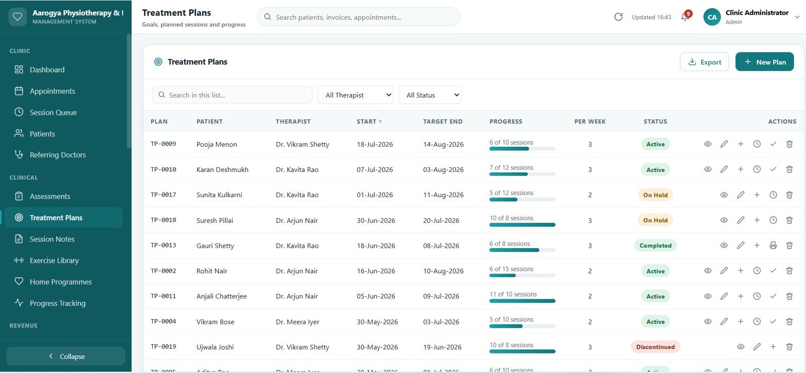 Physiotherapy Clinic Management System Web App - Treatment Plans