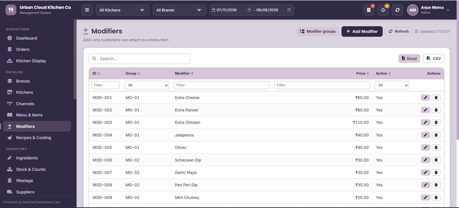 Cloud Kitchen Management System Web App - Modifiers