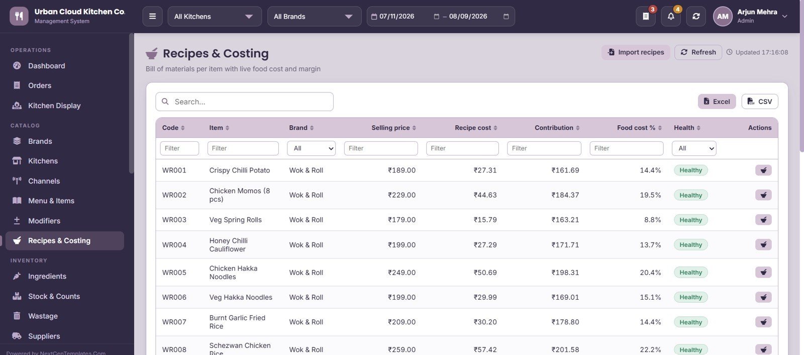 Cloud Kitchen Management System Web App - Recipes and Costing