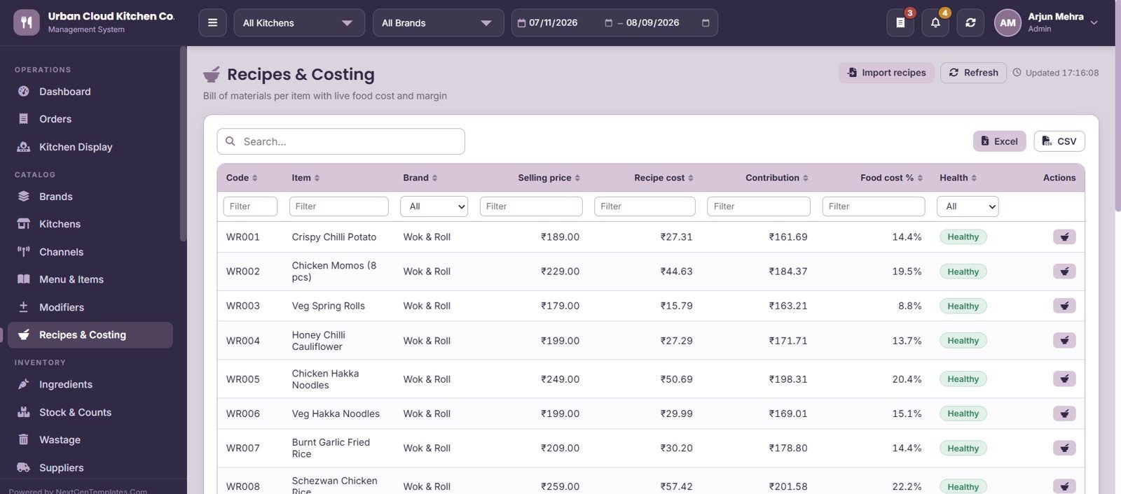 Cloud Kitchen Management System Web App - Recipes and Costing