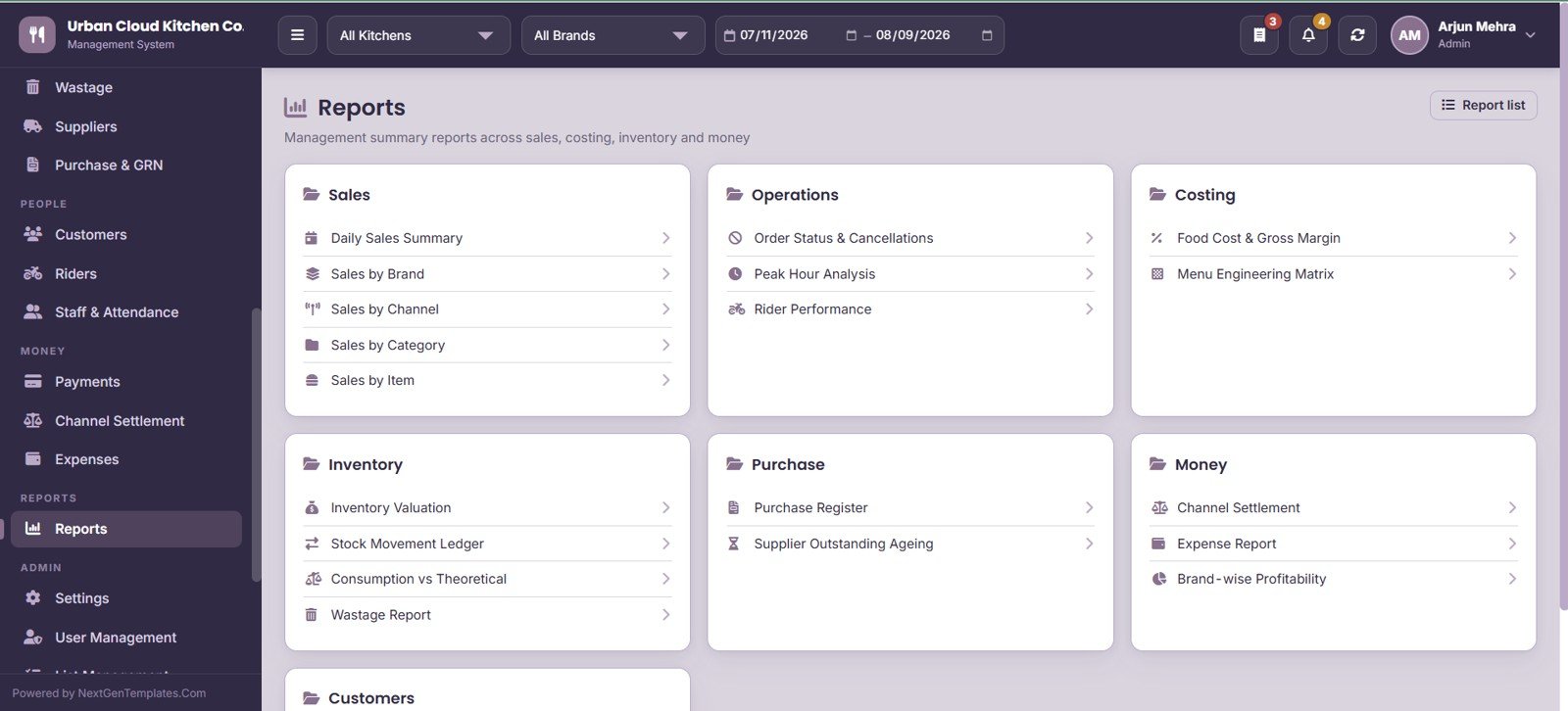 Cloud Kitchen Management System Web App - Reports