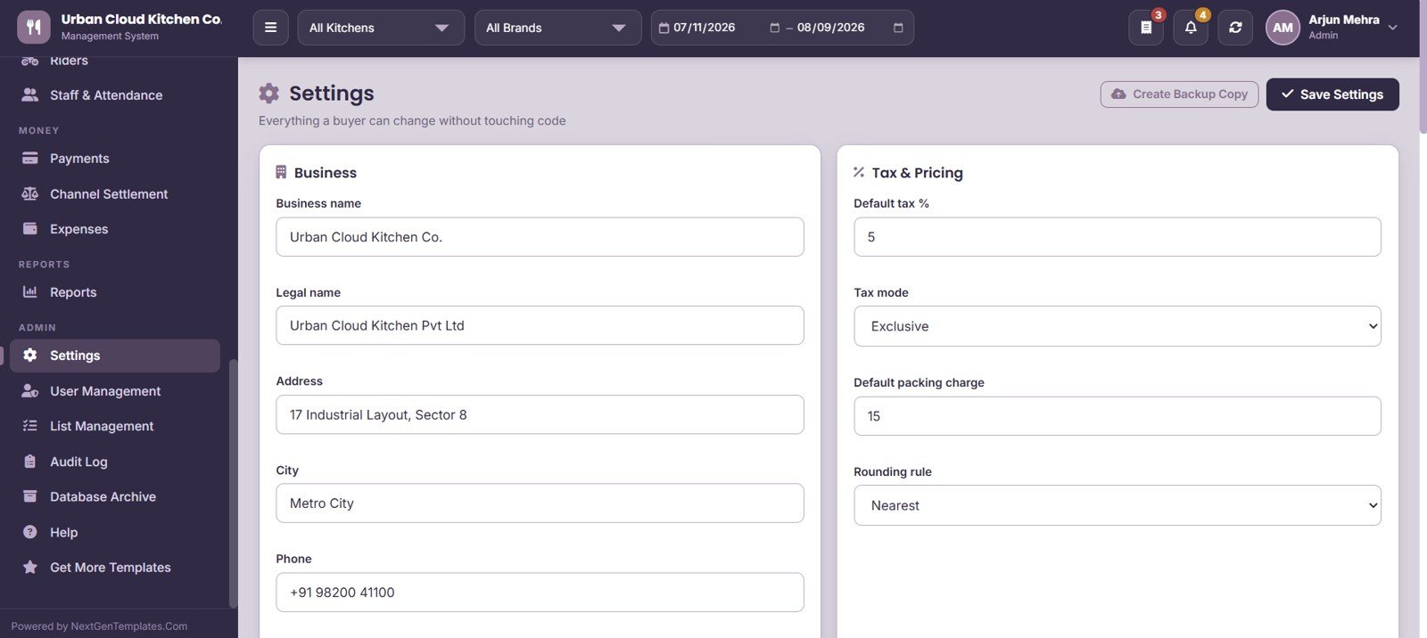 Cloud Kitchen Management System Web App - Settings