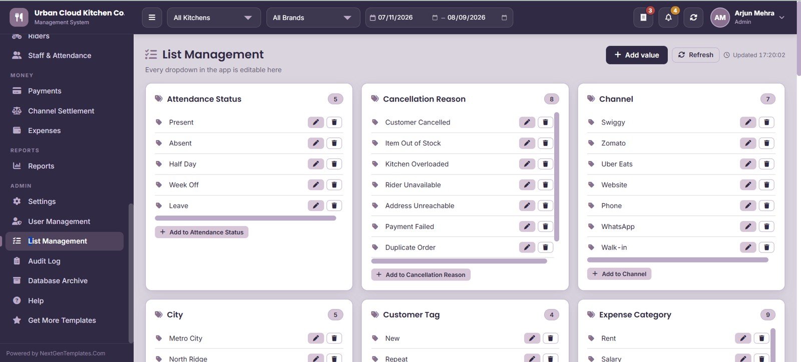 Cloud Kitchen Management System Web App - List Management