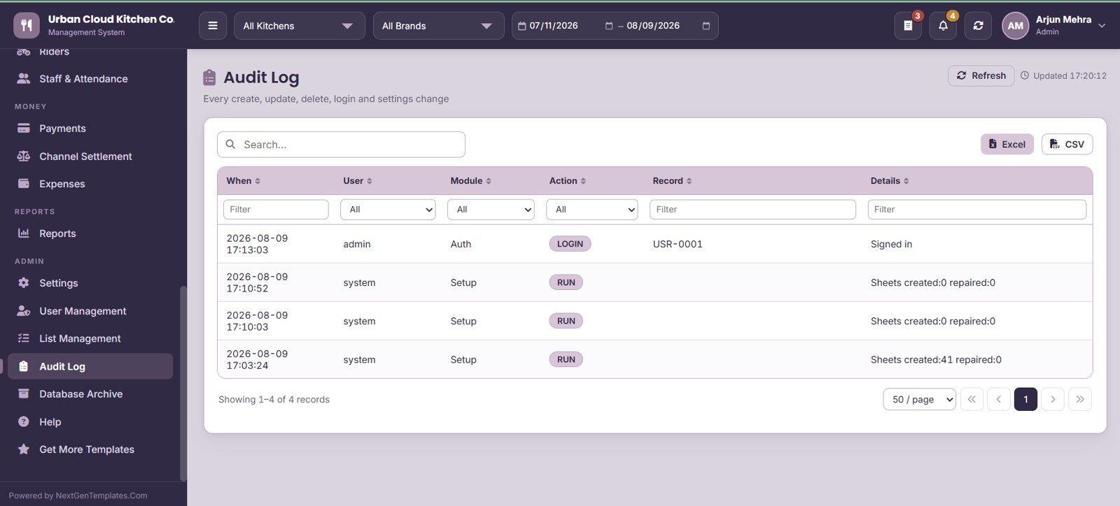Cloud Kitchen Management System Web App - Audit Log