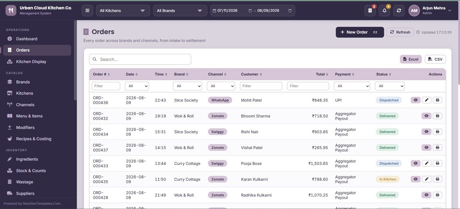 Cloud Kitchen Management System Web App - Orders