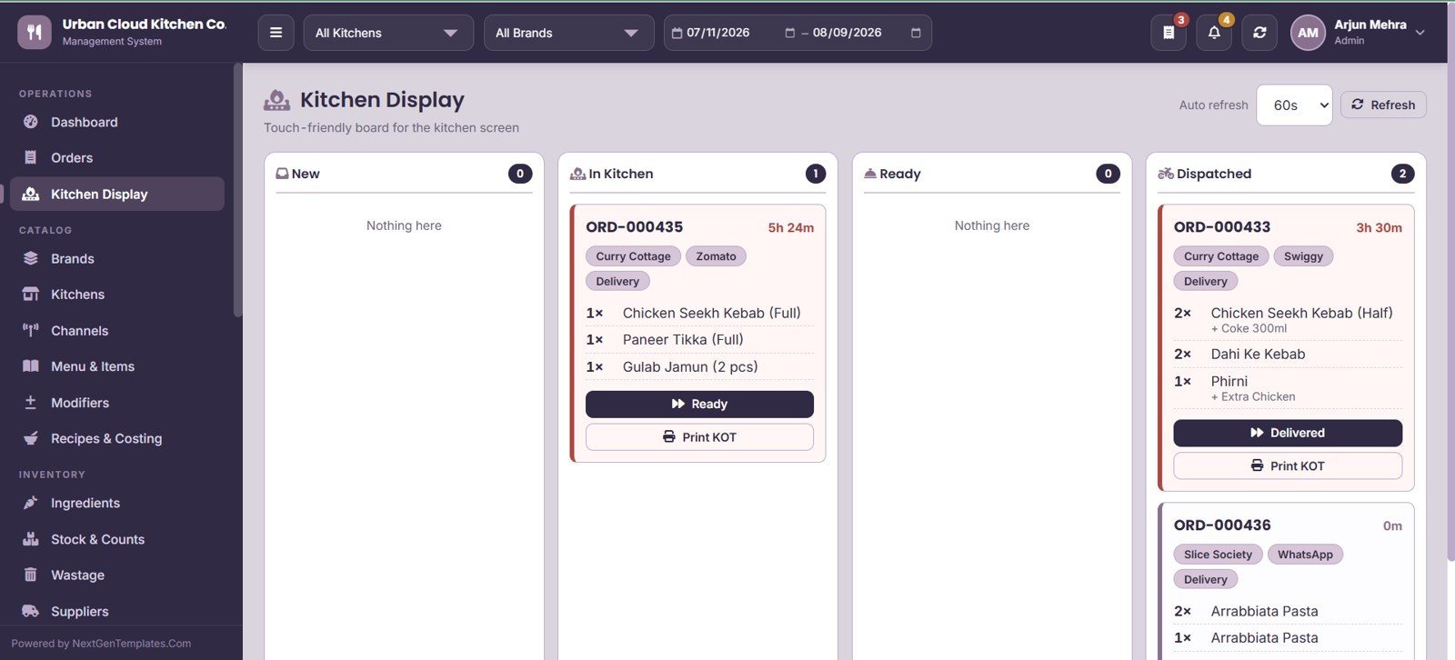 Cloud Kitchen Management System Web App - Kitchen Display