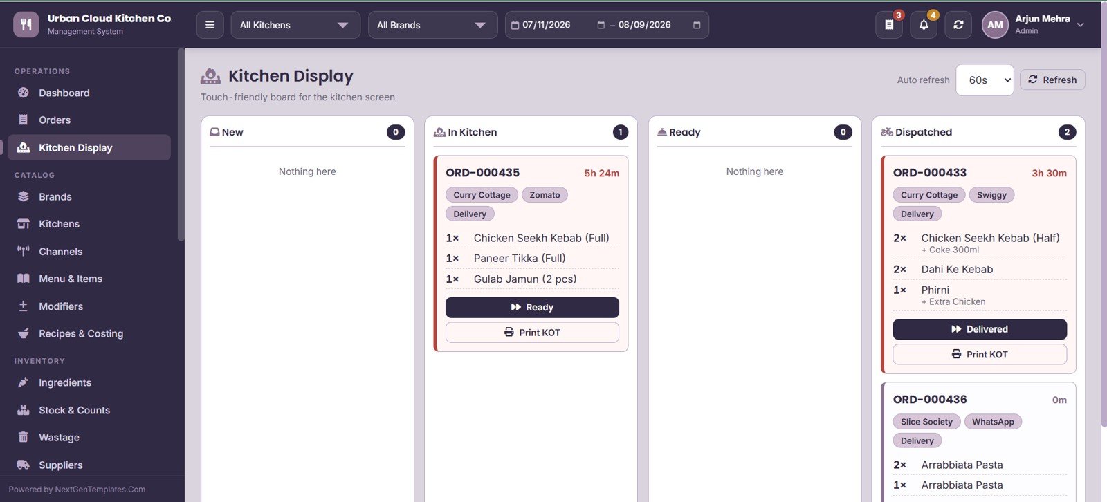 Cloud Kitchen Management System Web App - Kitchen Display