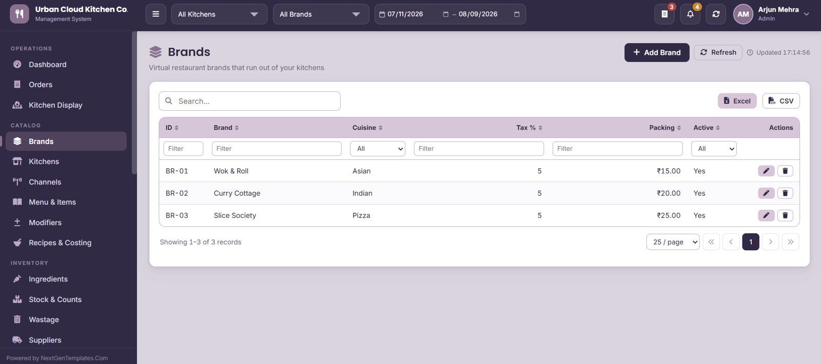 Cloud Kitchen Management System Web App - Brands