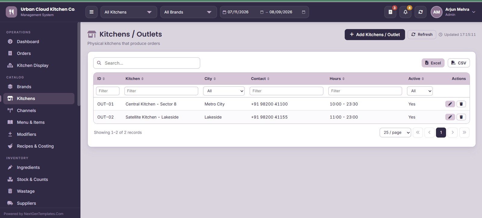 Cloud Kitchen Management System Web App - Kitchens and Outlets