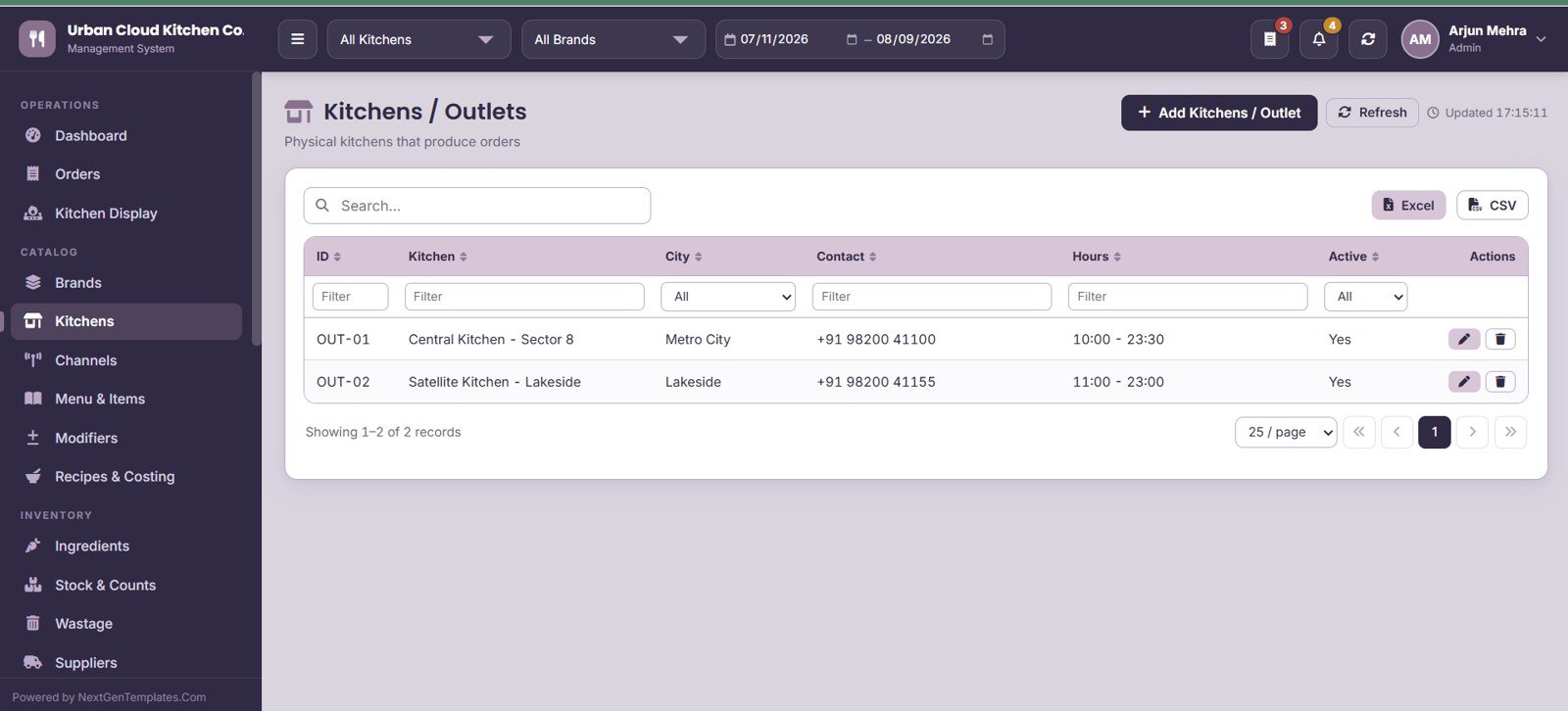 Cloud Kitchen Management System Web App - Kitchens and Outlets