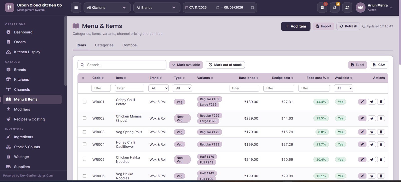 Cloud Kitchen Management System Web App - Menu and Items