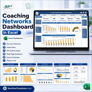 Coaching Networks Dashboard in Excel product cover showing the five-page Excel dashboard