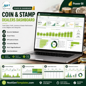 Coin & Stamp Dealers Dashboard in Power BI product cover showing the Overview page and four report pages