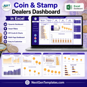 Coin and Stamp Dealers Dashboard in Excel product cover showing the five report pages