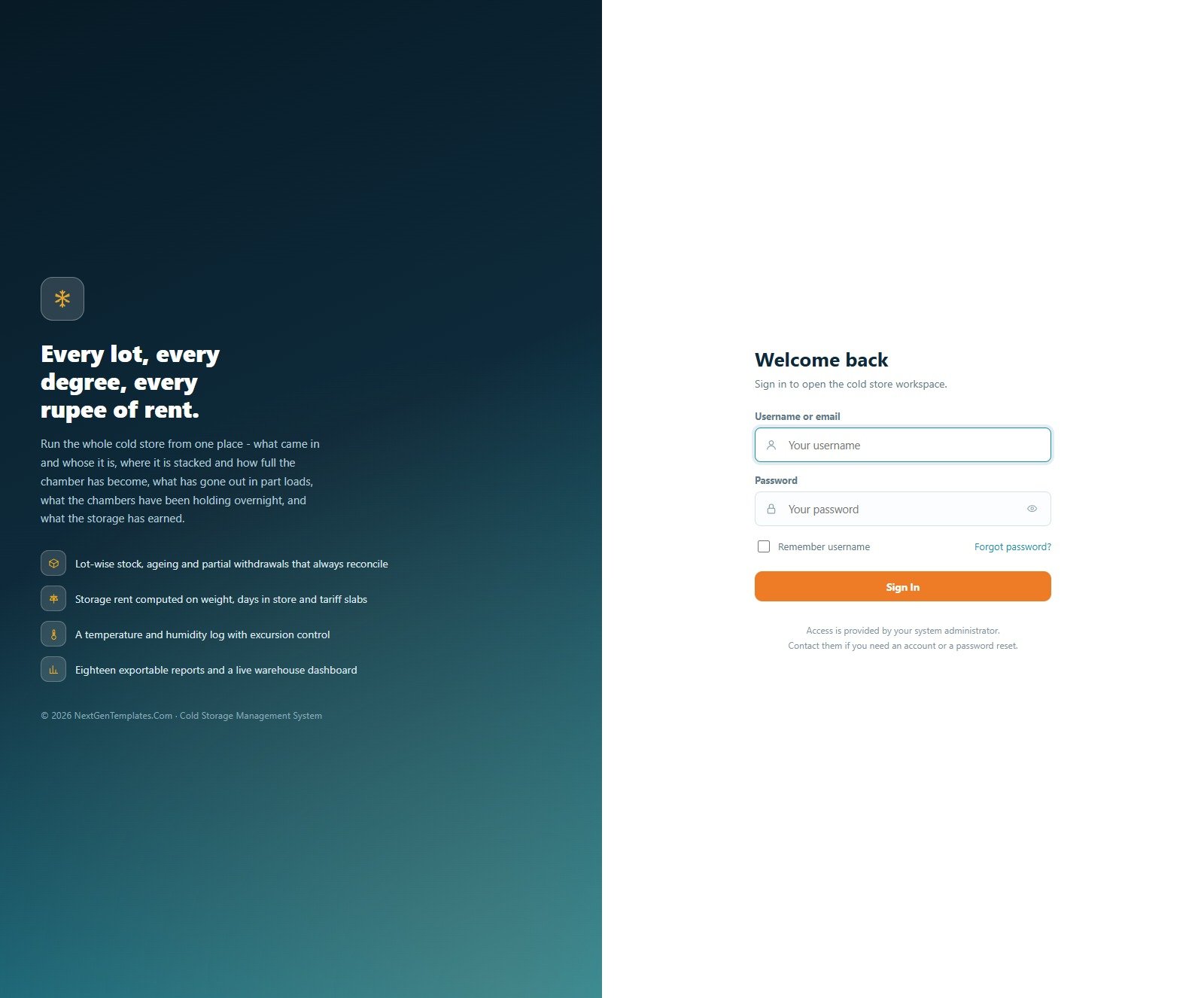 Cold Storage Management System Web App sign-in screen for the cold store workspace