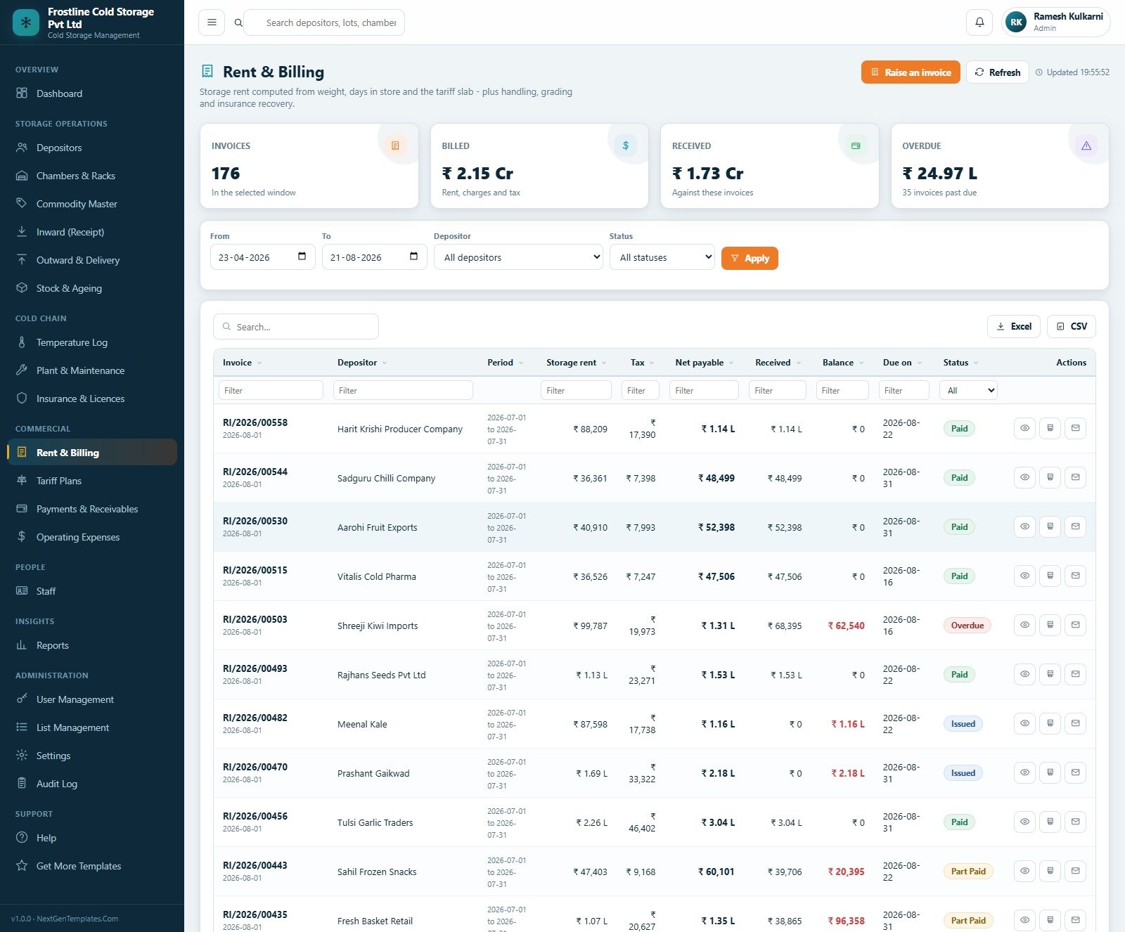 Rent and billing invoice register with storage rent, tax, net payable, received and balance