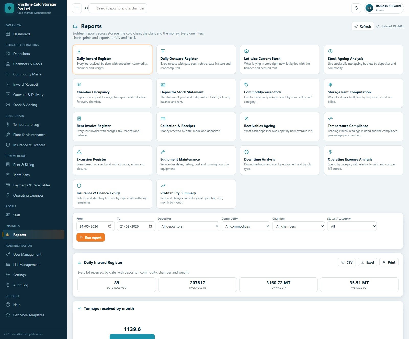 Reports page listing all eighteen exportable reports