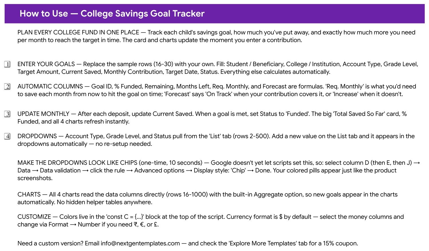 College Savings Goal Tracker in Google Sheets - How to Use instructions sheet