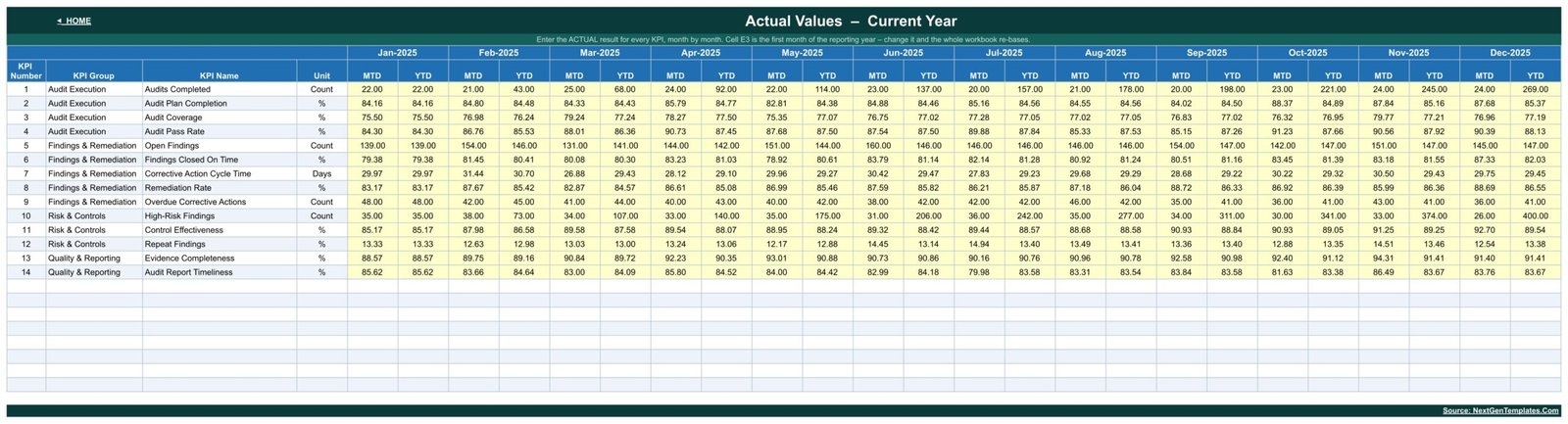 KPI Input - Actual sheet with twelve months of MTD and YTD figures for every audit KPI