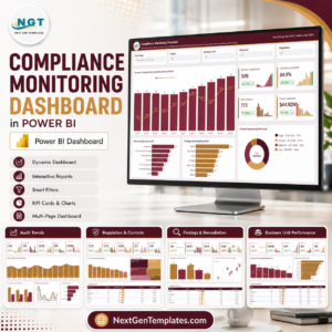 Compliance Monitoring Dashboard in Power BI product image showing the Overview page on a monitor with four thumbnail report pages