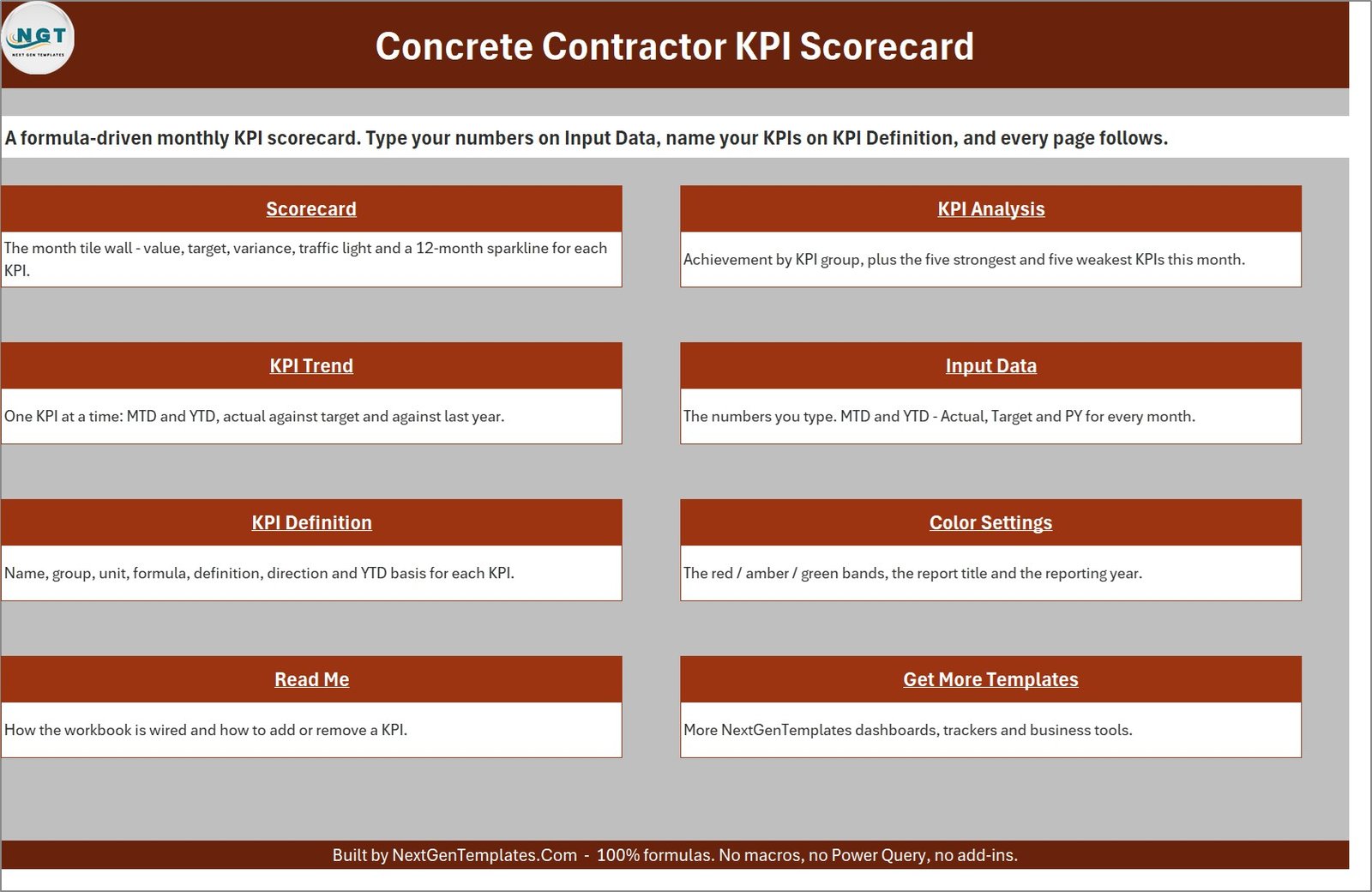 Concrete Contractor KPI Scorecard in Excel - Home navigation page