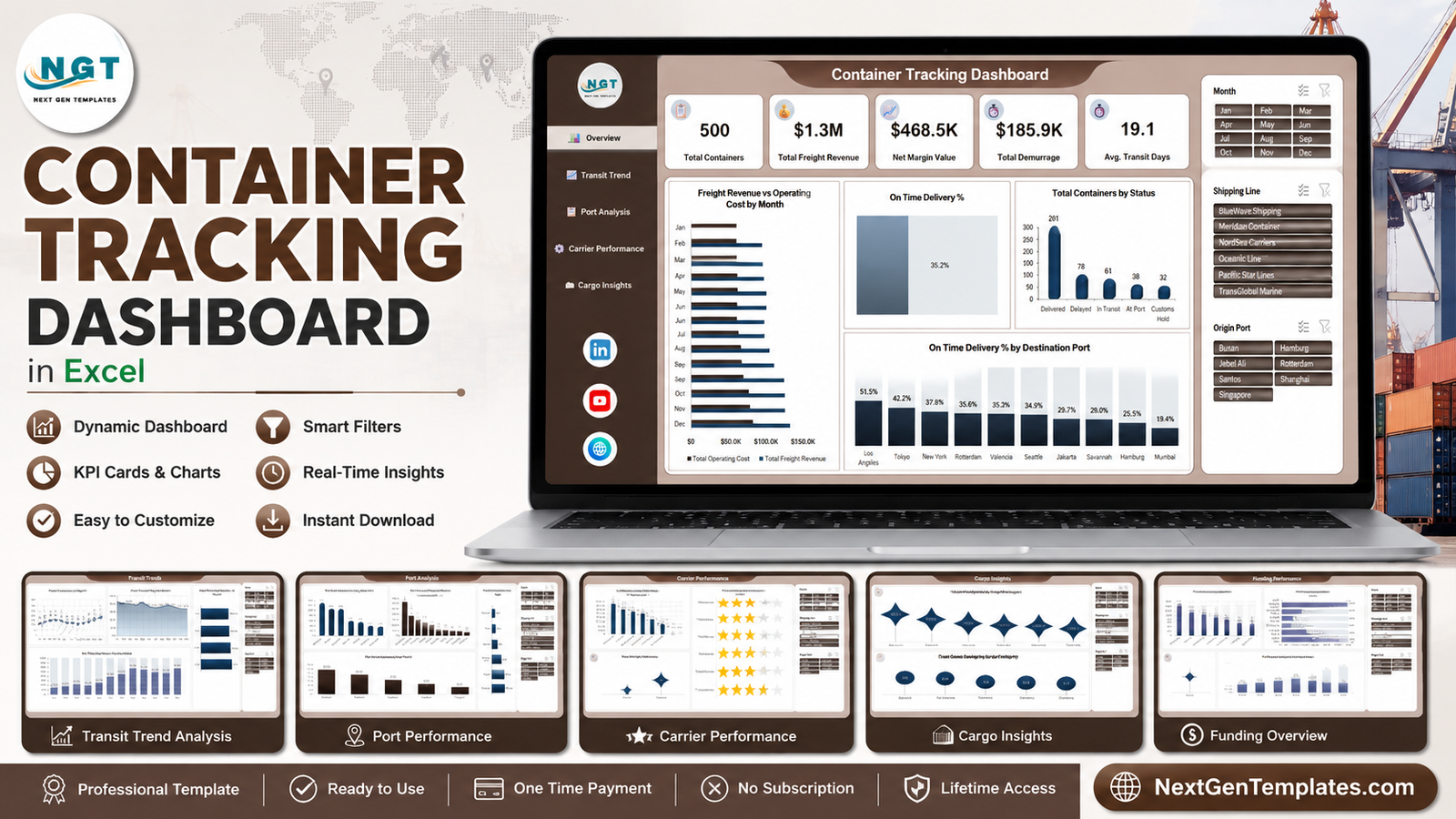 Container Tracking Dashboard in Excel - five-page analytical template