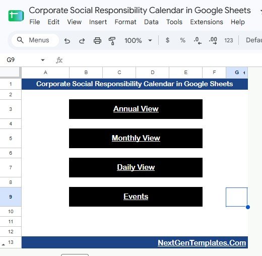 Corporate Social Responsibility Calendar in Google Sheets home sheet