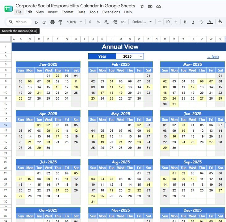 Annual View Sheet tab for CSR planning in Google Sheets