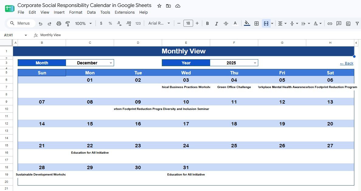 Monthly View Sheet tab showing CSR events in Google Sheets