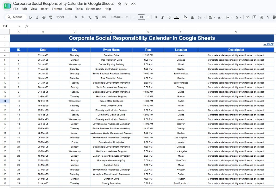Events database sheet for Corporate Social Responsibility Calendar in Google Sheets