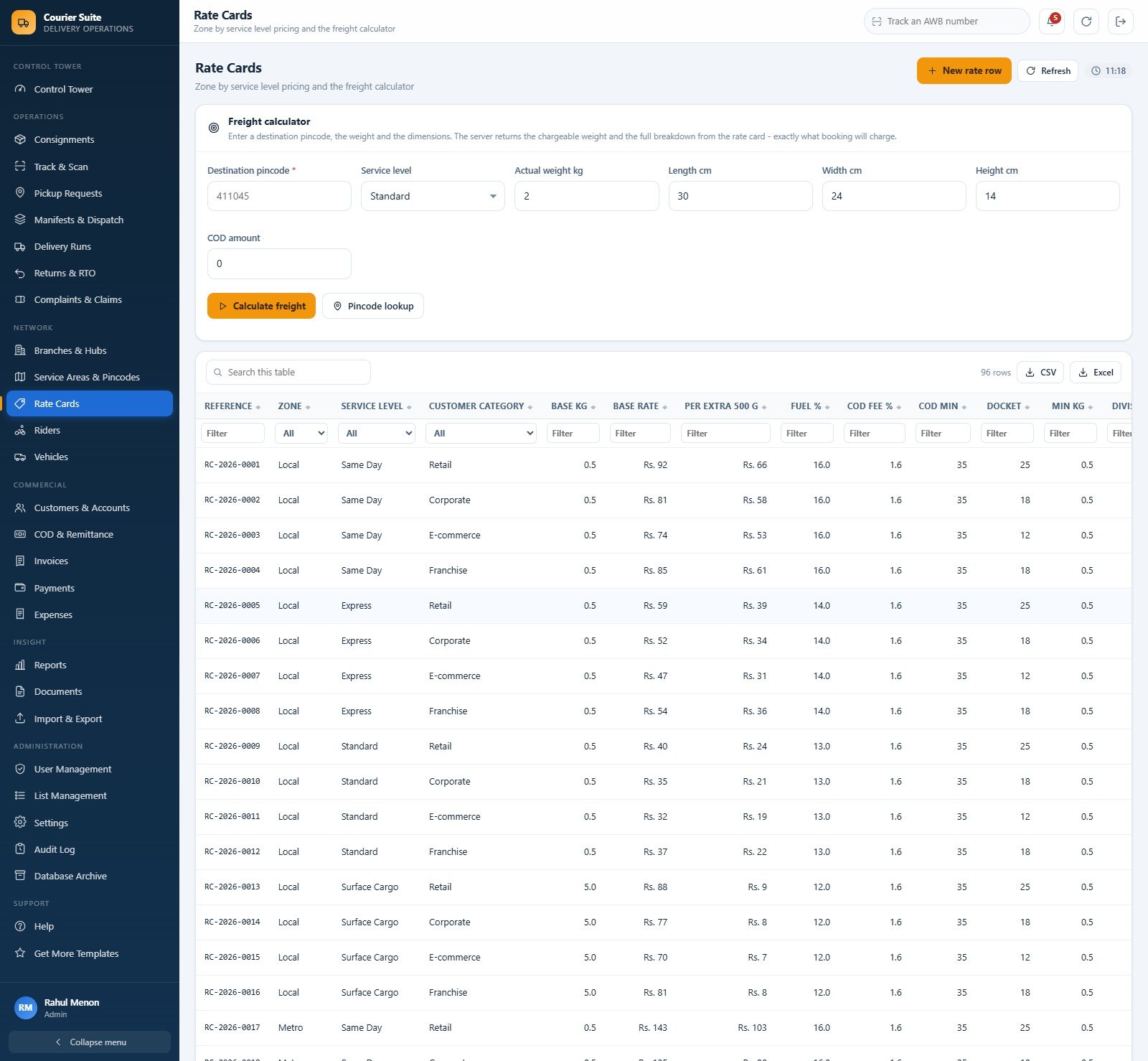 Rate Cards module with the freight calculator and the zone by service level pricing table
