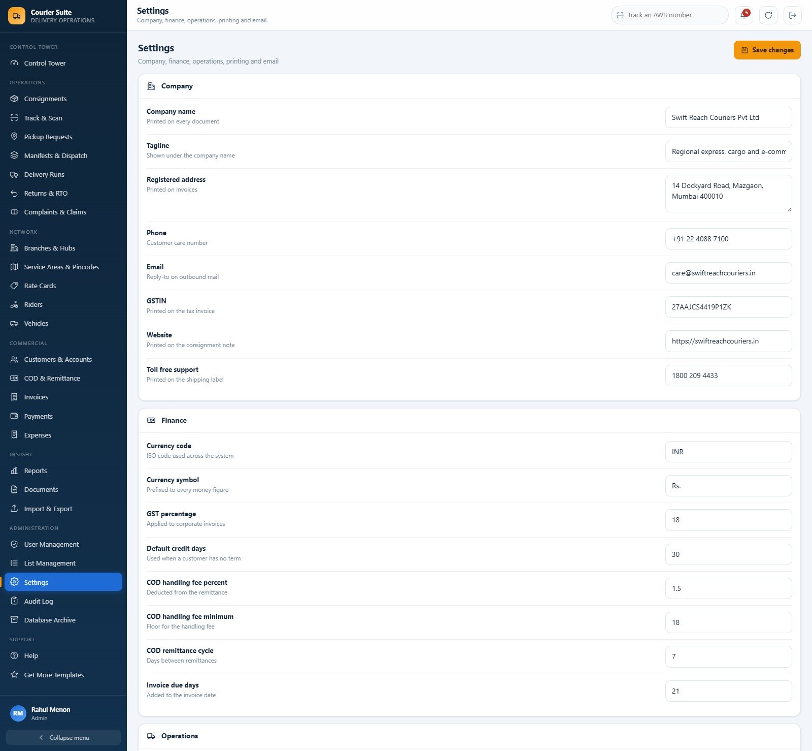 Settings page with company details, currency code and symbol, GST rate, credit days and COD handling fee
