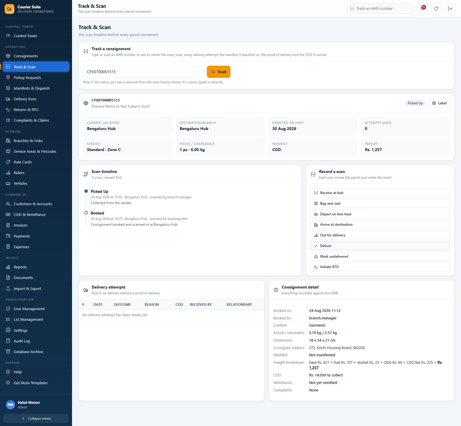 Track and Scan page showing the scan timeline, record-a-scan actions, delivery attempts and the freight breakdown for one AWB