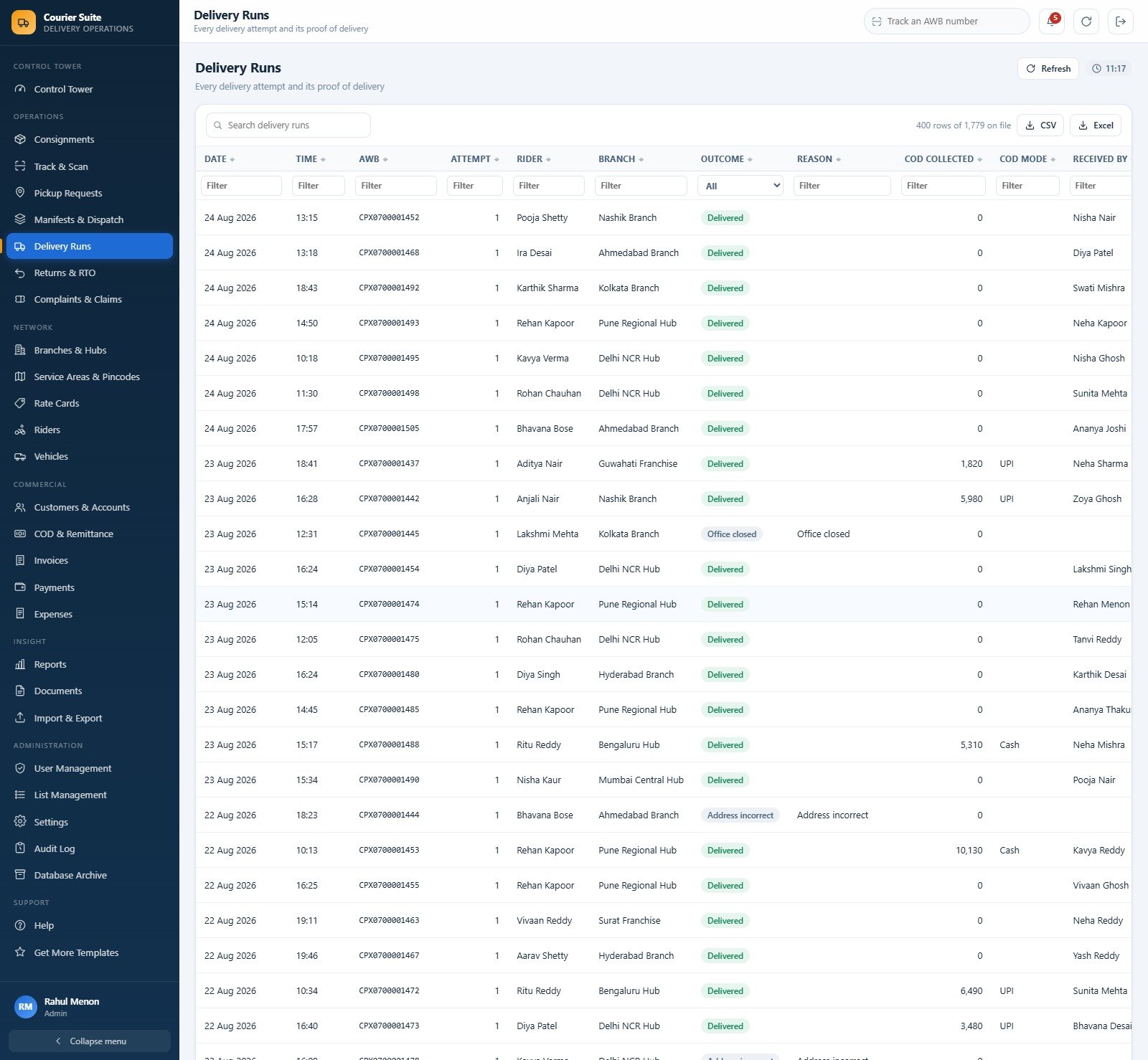 Delivery Runs showing every delivery attempt, outcome, reason, COD collected, COD mode and receiver