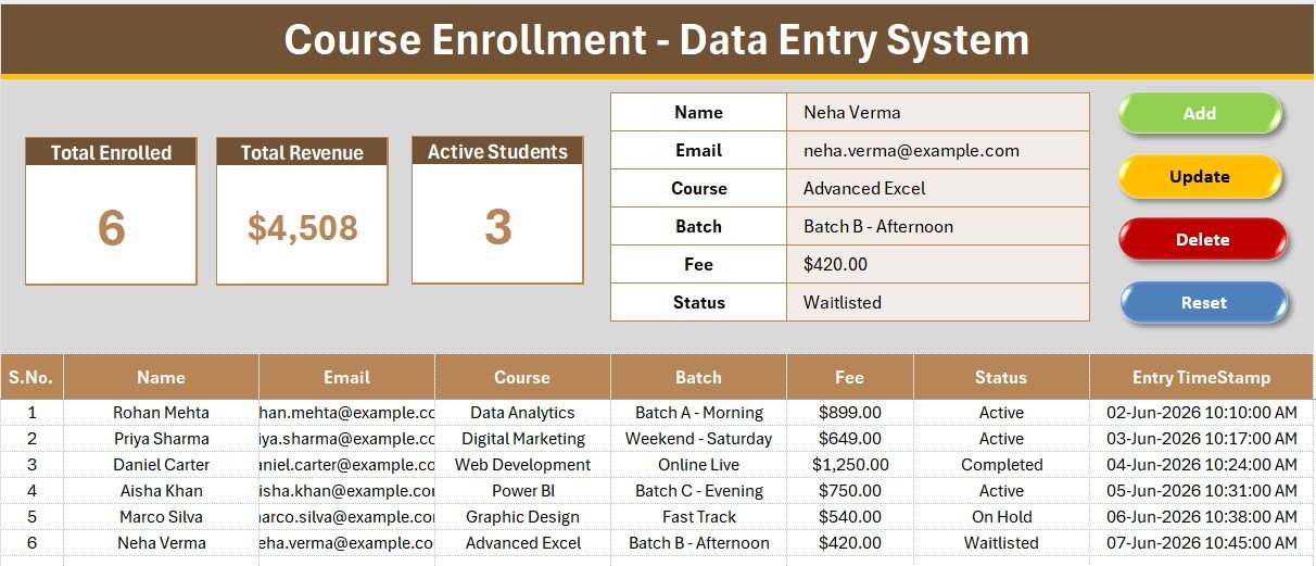 Course Enrollment Data Entry System in Excel
