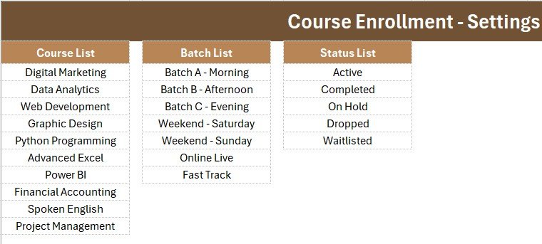 Course Enrollment Data Entry System in Excel - Setting Sheet