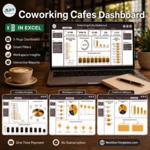 Coworking Cafes Dashboard in Excel product image showing the five-page Excel dashboard on a laptop