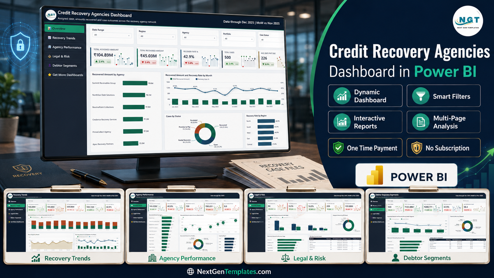Credit Recovery Agencies Dashboard in Power BI showing the Overview page and the Recovery Trends, Agency Performance, Legal and Risk and Debtor Segments pages