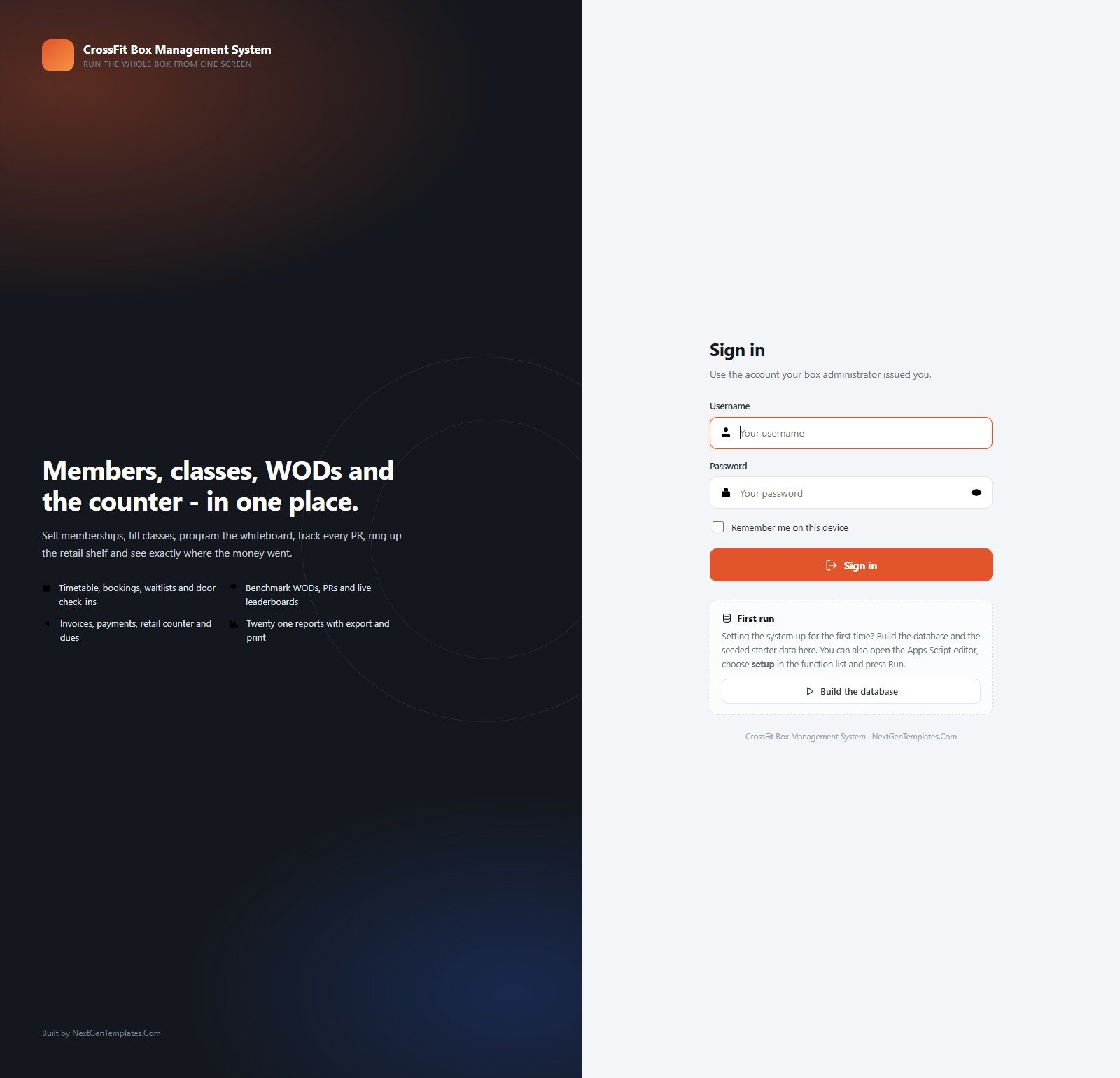 CrossFit Box Management System Web App sign-in screen with the first-run Build the database panel