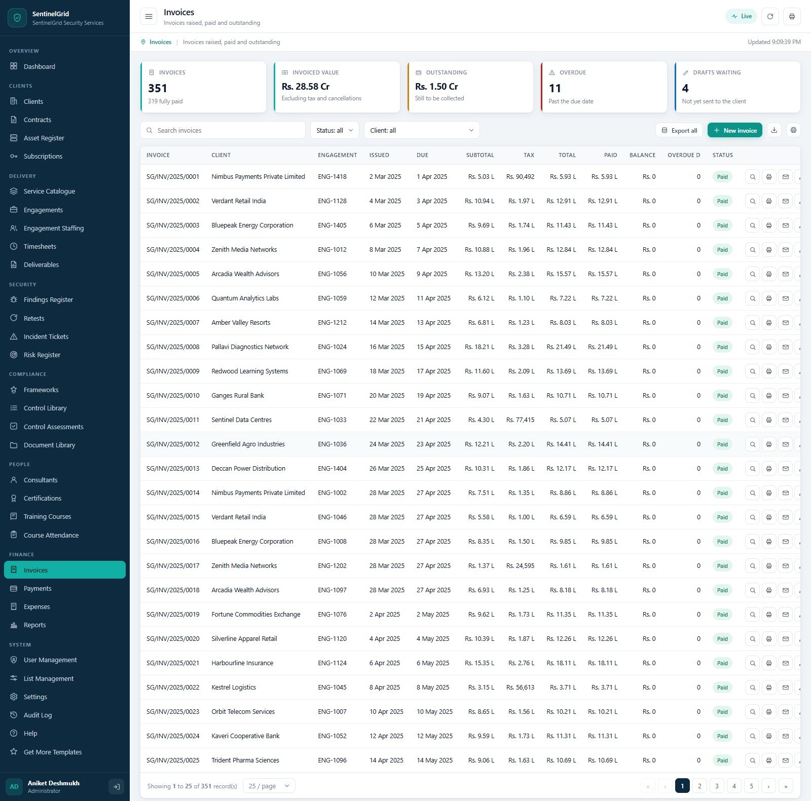 Invoices screen with subtotal, tax, total, paid, balance and overdue days