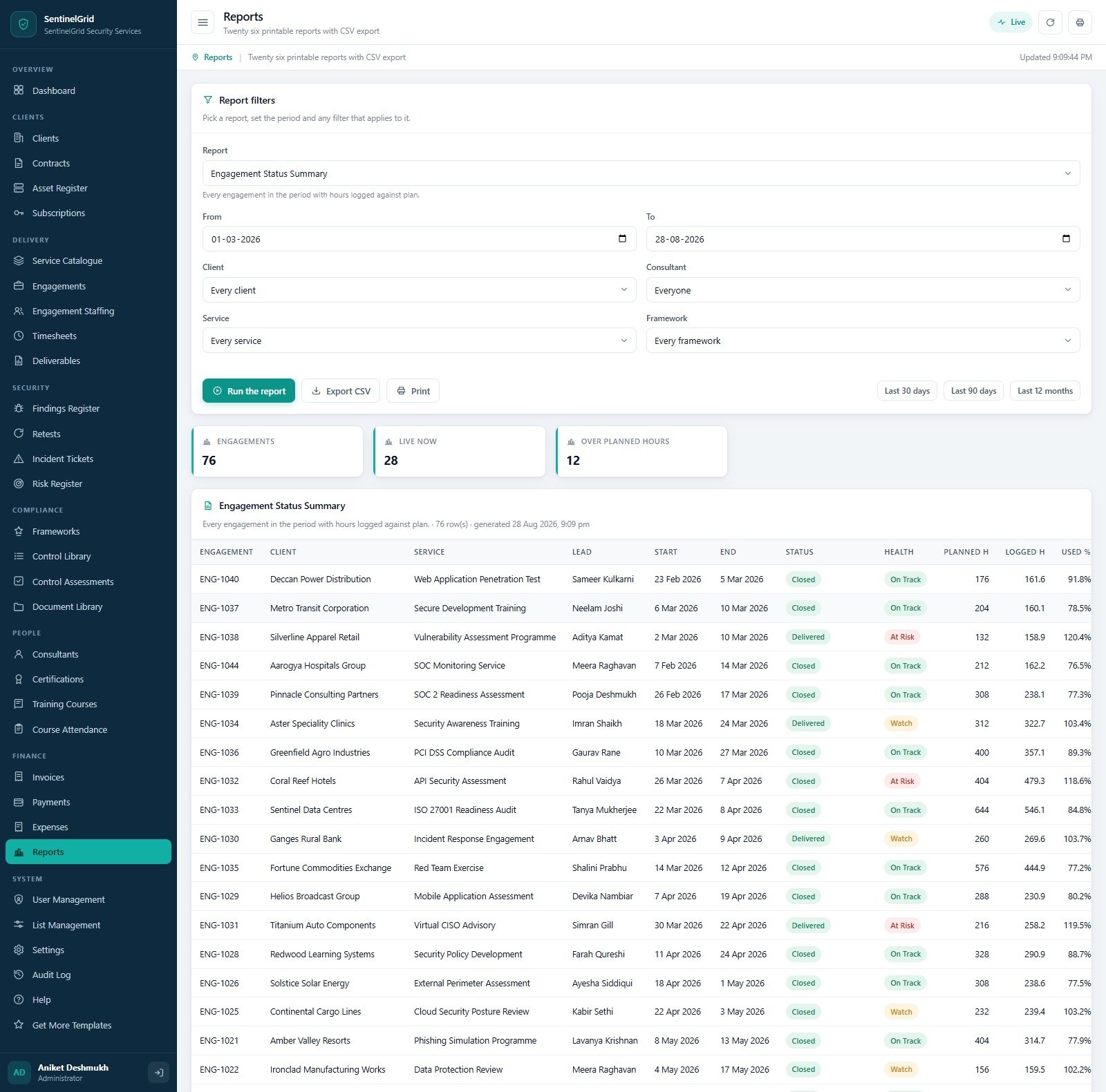Reports screen with report picker, period filters and CSV export