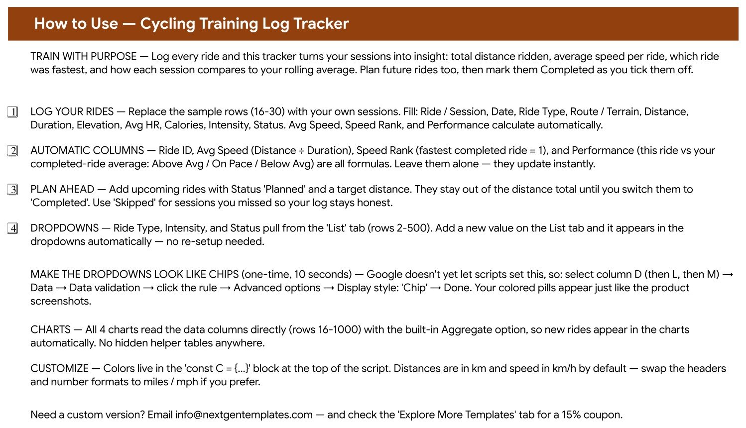 Cycling Training Log Tracker in Google Sheets How to Use instructions page