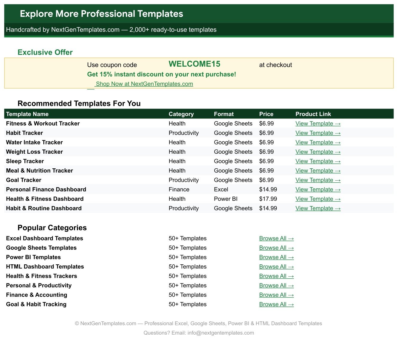 Explore More Templates sheet with the WELCOME15 coupon and recommended templates