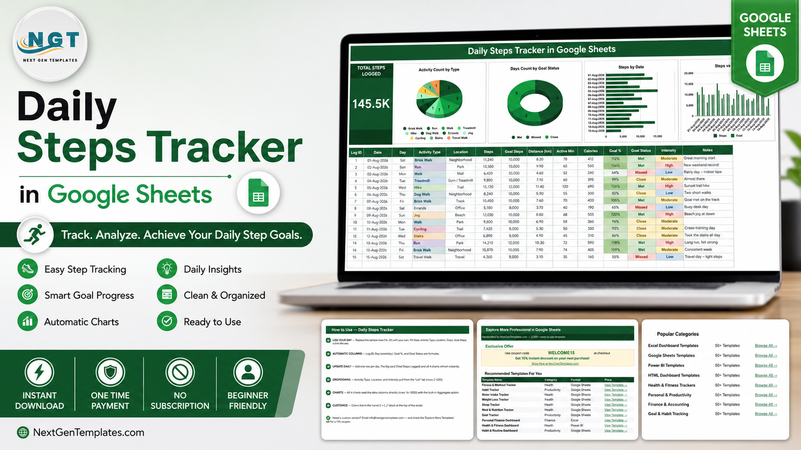 Daily Steps Tracker in Google Sheets template cover