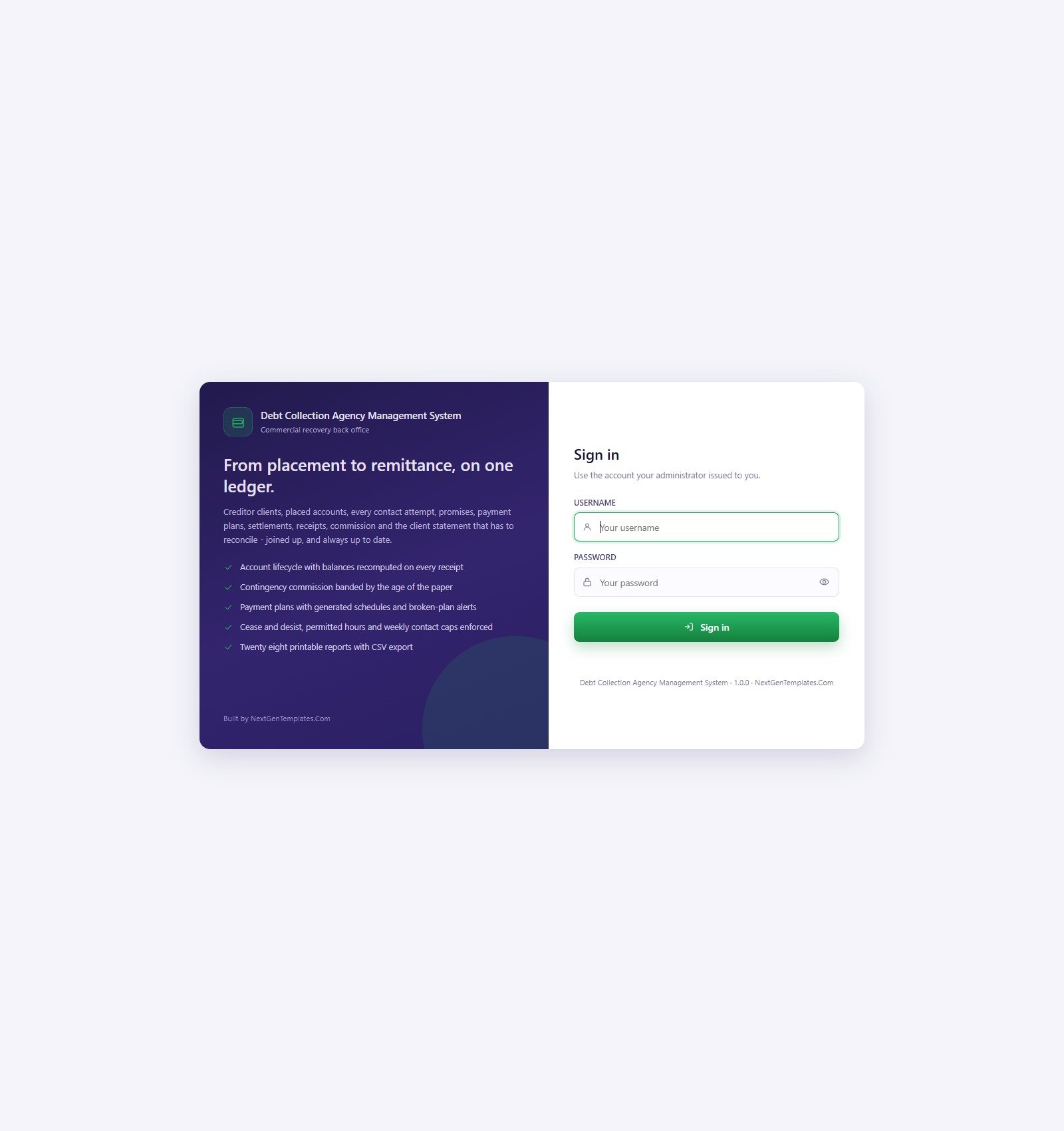 Debt Collection Agency Management System Web App sign-in screen