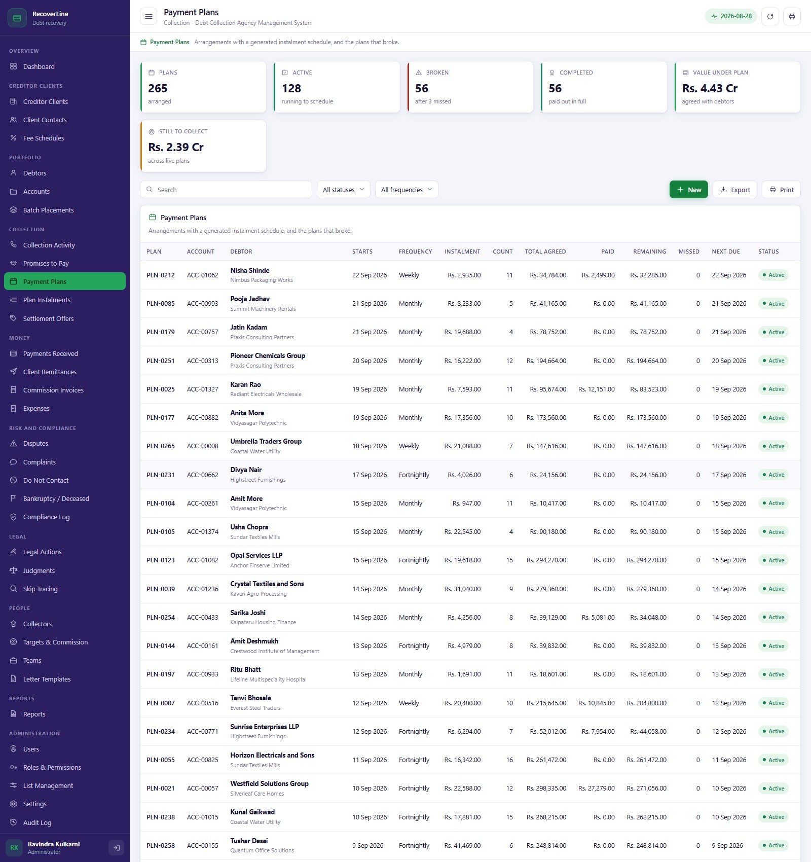 Payment Plans screen showing generated instalment schedules, missed counts and broken plans