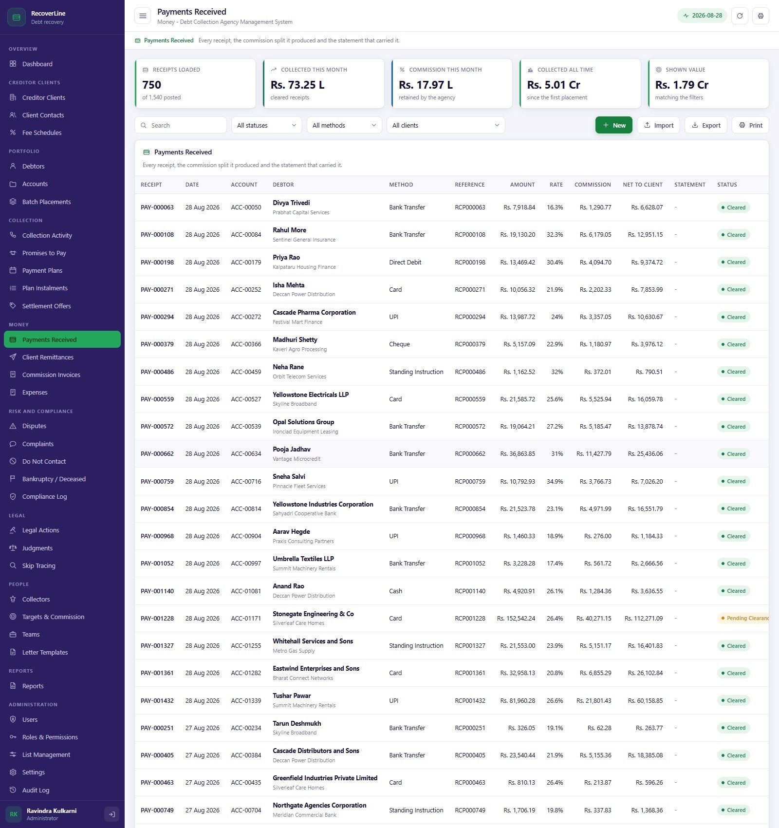 Payments Received screen with the commission split and net to client on every receipt