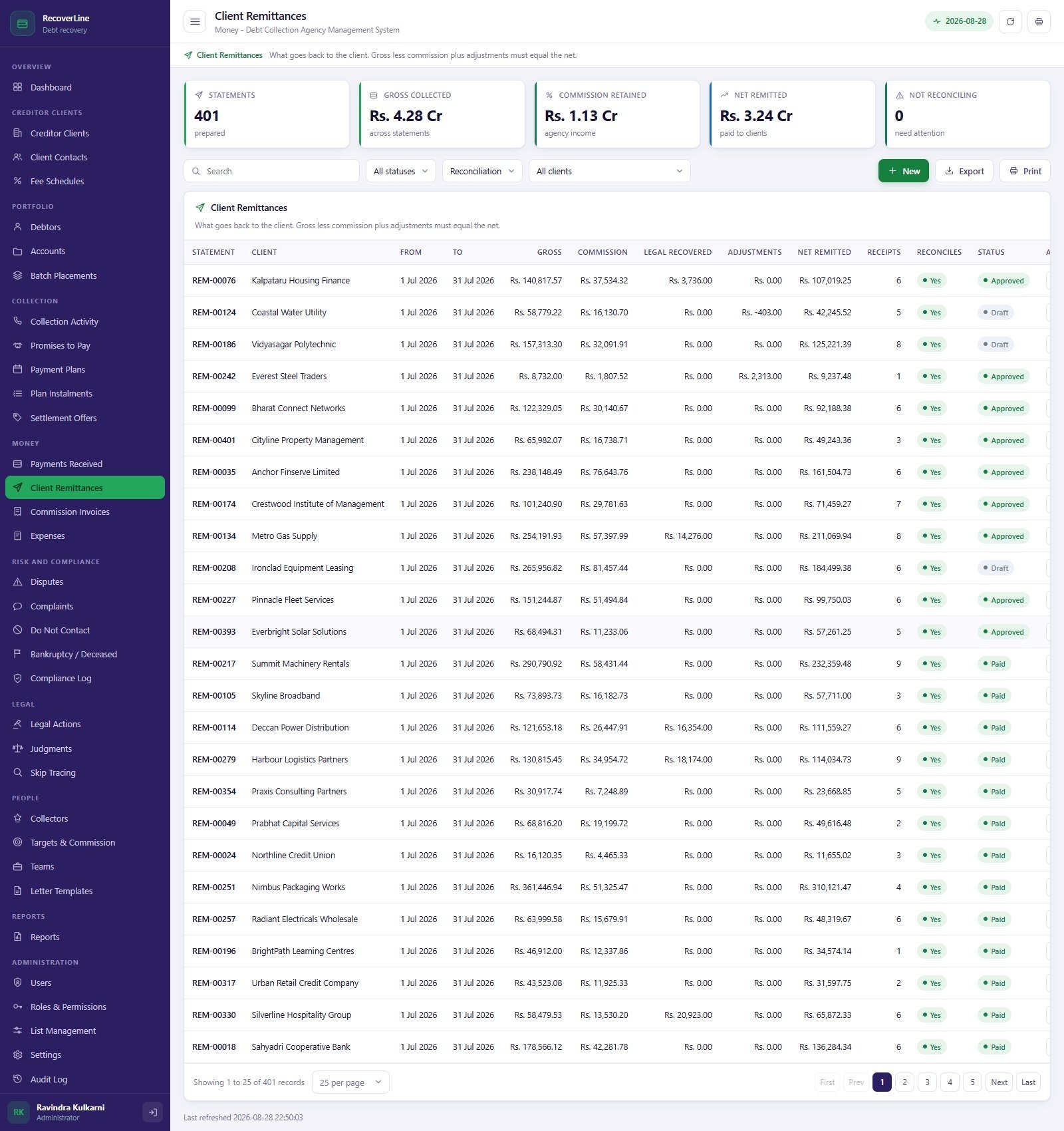 Client Remittances screen showing gross, commission retained, net remitted and the reconciles flag