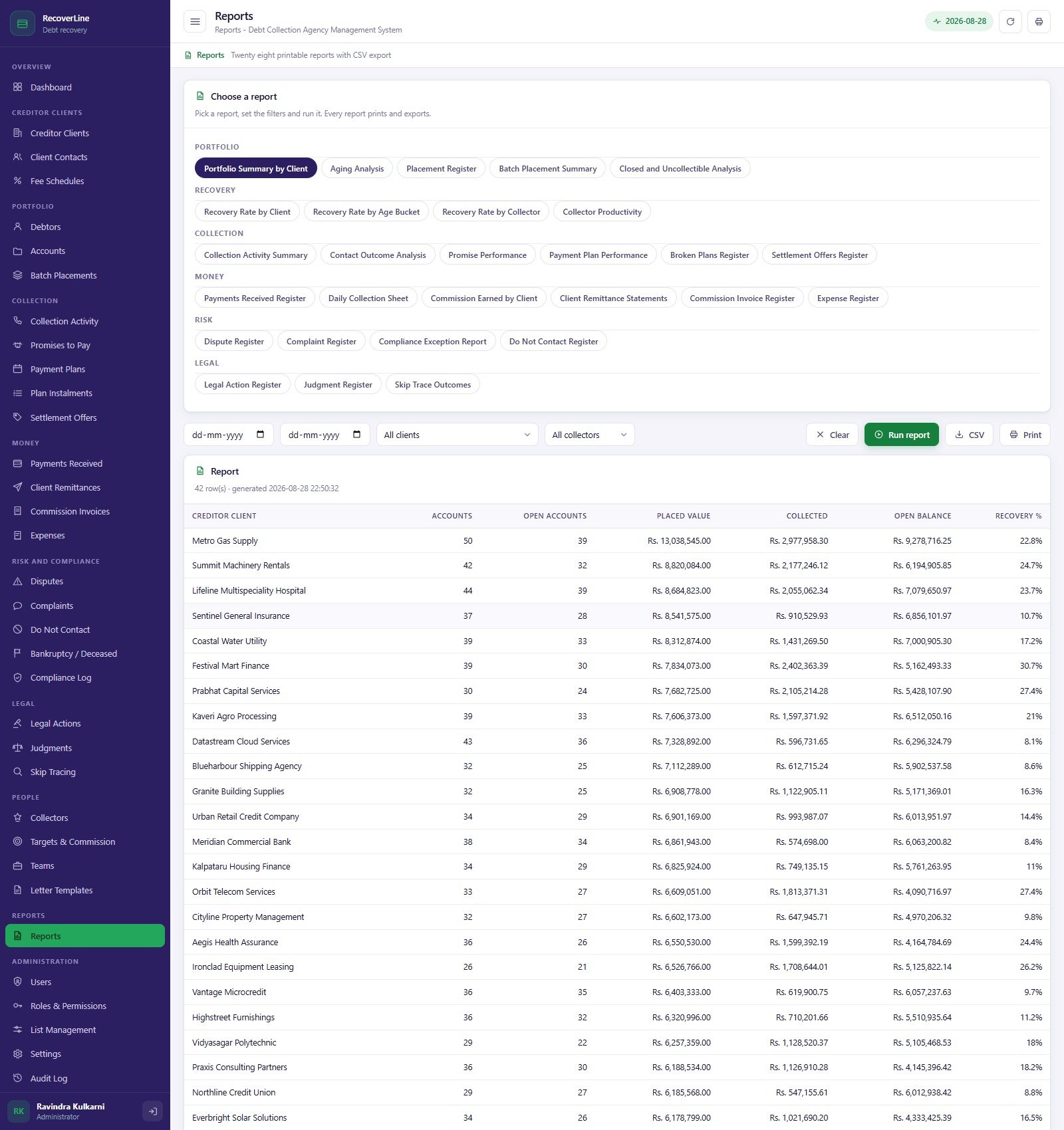 Reports screen listing the 28 printable reports grouped by portfolio, recovery, collection, money, risk and legal