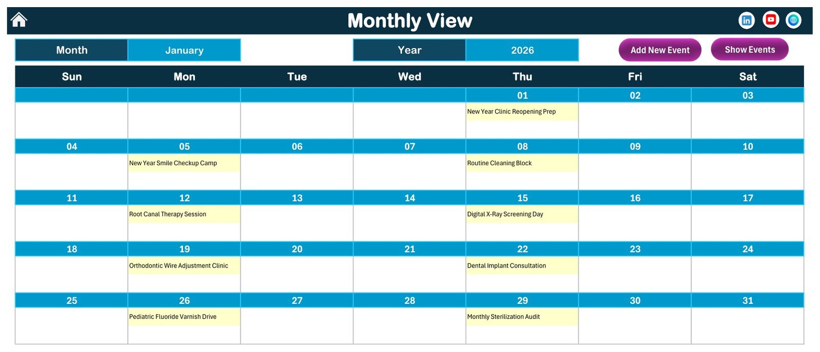 Dental Clinic Appointment Calendar in Excel monthly view